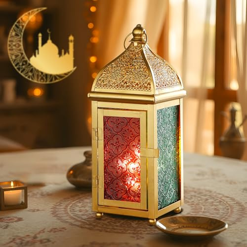 Lámpara de Mesa Decorativa con batería de Ramadán, de Metal, Vintage, Oriental, Colgante, Luces LED árabes eléctricas con Vidrio Templado para decoración del hogar, Eventos de Fiesta en