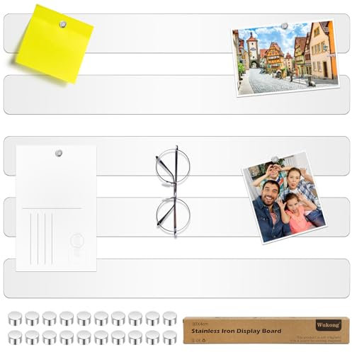 Wukong 30x4cm, 5 Pack Magnetic Stainless White Boards Strips, Adhesive Backing Bulletin Bar Board, Memo Board with 20Pcs Mini Magnets for Office, Home, Photo Wall, Documents and Fridge