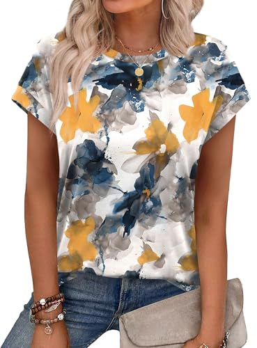 Aokosor Womens Summer Tops Floral Printed Short Capsleeve Shirts Crew Neck Cute Fashion Dressy Tunic Blouses for UK