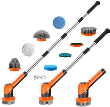【IPX7 + long manche extensible】Ajex Brosse de nettoyage électrique sans fil avec 8 têtes remplaçables, brosse à récurer électrique avec étanchéité IPX7, 2 vitesses réglables