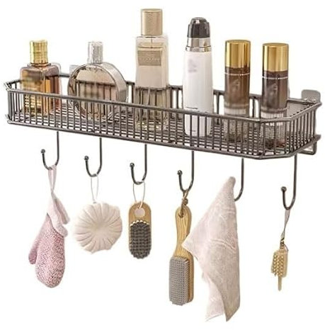 Étagère de salle de bain flottante en acier inoxydable avec 5 crochets - Gain de place - Pour baignoire et cuisine - Sans perçage - Grande taille - Design moderne - Doré/noir