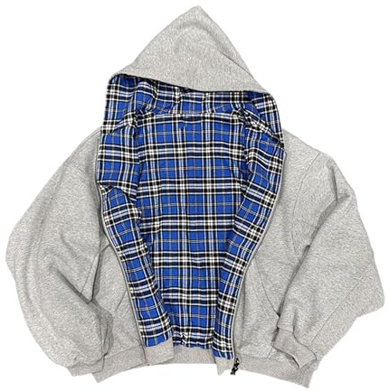 Suncadmious Sweat à Capuche réversible à glissière Patchwork à Carreaux y2k pour Hommes et Femmes des années 2000, Style Rock Street Rap, Sweat à Capuche imprimé Ample