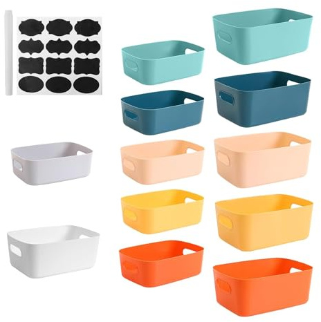 JJZGPP 12 Cajas Almacenaje Plastico,Organizador Baño,Cajas Organizadoras de Plástico con Asas para Escritorio,Oficina,Cosmético,Baño,Juguetes (2 Tamaños,7Colores)