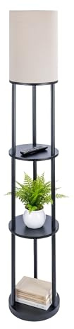 Relaxdays Golvlampa med hylla, HD: 180 x 30 cm, E27-fattning, trä och linne, modern design, golvlampa, svart-vit