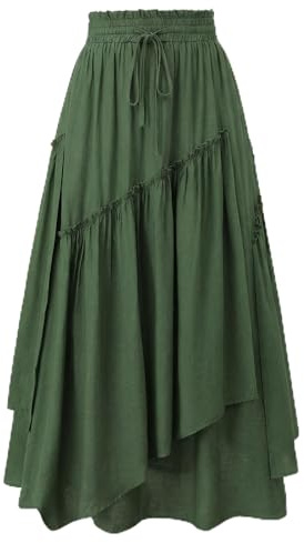 Cutecrop Women Renaissance Skirt Asymmetric Tiered Ruffle Maxi Skirt High Waist Flowy Boho Dress Medieval Pirate Costume(Army Green,L)