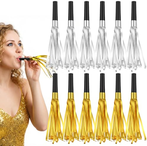 Gold Silver Noise Makers, 12Pcs Metallic Fringed Party Blower, Glitter Noise Makers Glitter Metallic Fringed Party Blower for Adults Birthday Graduation Sporting Event New Years Eve Partys Supplies