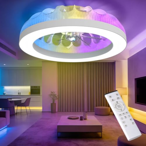 Dslive Ceiling Fans with Lights, 48CM Smart Remote Control Fan Light, 6-Speed Quiet Reversible Motor, 7 Color RGB Mode & 3000K–6500K Dimmable White Light, for Bedroom Living Room