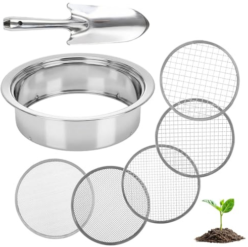 Eulihent 5 en 1 Colador de Jardín de Acero Inoxidable Ø 1,3,6,9,12 mm Tamiz de Jardín Cribas de Arena con Pala De Mano para Tierra, Piedras, Compost, Malezas, Arena, Grava y Semillas