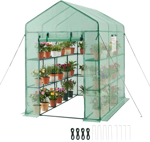 VEVOR Invernadero de Exterior 137 x 206 x 196 cm, Invernadero de Jardín con Puerta Enrollable y 2 Ventanas, Estantes de 3 Niveles, Cubierta de PE, Vivero Casero para Plantas Verduras Flores, Verde