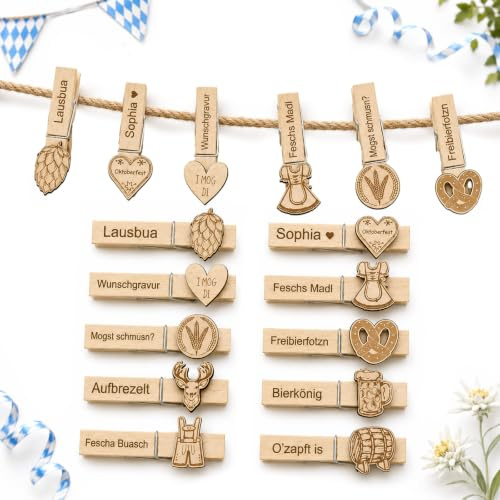 10er Holz Oktoberfest Accessoires, Tolle Oktoberfest Anstecker | Set mit 7,2 cm Clips. Der perfekte Dirndl Anstecker und Trachten Anstecker für bayerische Volksfeste.