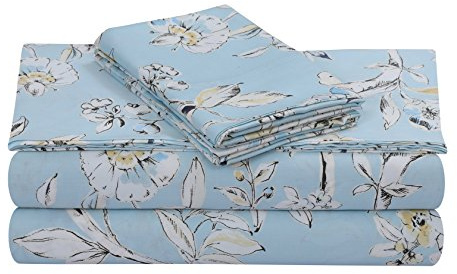 Tribeca Living 300 Thread Count Cotton Extra Deep Pocket Printed Sheet Set, Queen, Colmar Sky Blue/Multi