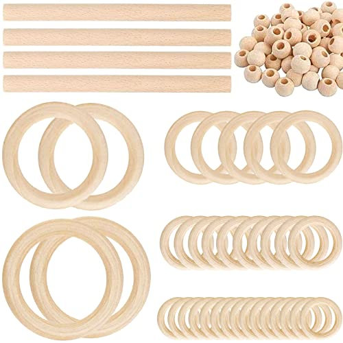 LhyBtm Makramee Set 93 Stück Natürliche Holzperlen und Holzring, Natürliche Runde Holzperlen Große Makramee Holzring zum Basteln Machen Macrame Wandbehang Handwerk DIY Kit