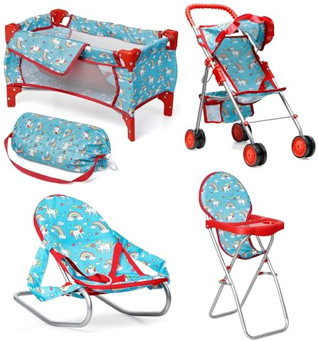 Fash n kolor® 4 Piece Doll Play Set, Doll Accessories Gift, Toy Set -Unicorn Design Includes, Doll Foldable Bed, Doll Stroller, Doll High Chair and Doll Seat, Dolls Gift Set (4 Piece Set)