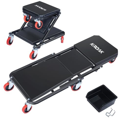 KROAK Creeper, 36 tum 2 i 1 Z Creeper Seat 150 kg kapacitet garagestol justerbar rullande hopfällbar bil kryp med 6 st hjul, lägg ner eller sitta i garage, butik, bilreparation svart