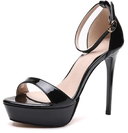 Scarpe con Tacco E Plateau A Spillo Peep Toe Pumps Cinturino alla Caviglia Fibbia Sandali 12cm da Matrimonio Ufficio Feste Sexy Scarpe (Nero,38)