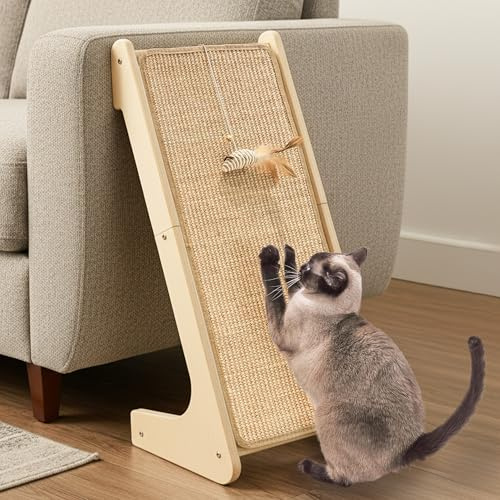 Meeyoview Rampa rascadora para gatos en forma de L, poste rascador de sisal de 27 pulgadas, rascador vertical para gatos de interior, tablero de madera maciza, protector de muebles con hierba gatera