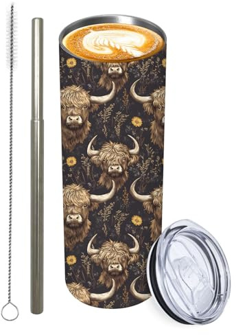 Zeleda 1Pcs Highland Cow Tumbler with Lid Straw Brush 20oz Stainless Steel Vacuum Insulated Cup Travel Coffee Mug Water Bottle for Hot Cold Drinks Gift