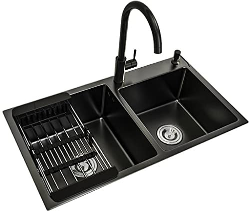 Fregadero de cocina de acero inoxidable 304 de dos senos, color negro nano, con grifo redondo y desagüe, montaje superior o inferior (color: negro, tamaño: 78 x 43 x 22 cm) (negro 72 x 40 x 22 cm