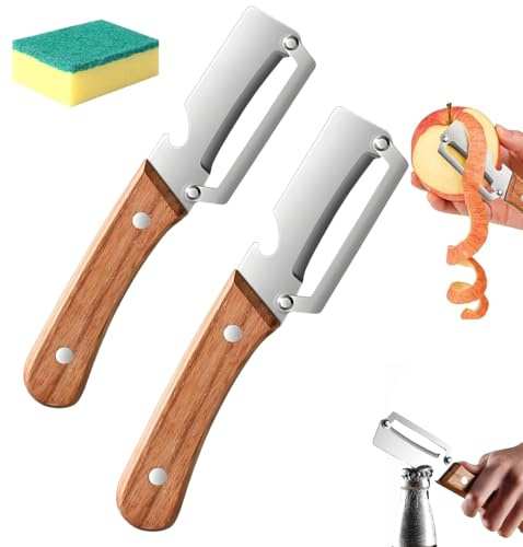 Pelapatate multifunzione in legno per la cucina, pelapatate multifunzione 2 in 1 in acciaio inox, con manico in legno e apribottiglie per patate, frutta e zucca con apribottiglie