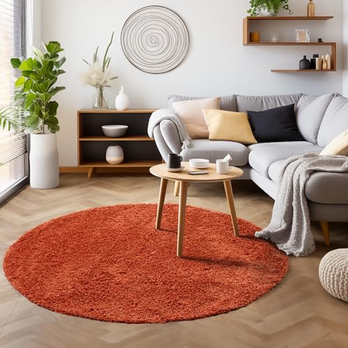 SIMPEX Shaggy Hochflor Teppich, 160 cm Rund, Terrakotta, weich, flauschig, modern, einfarbig, Für Wohnzimmer oder Schlafzimmer, für Wohnzimmer Schlafzimmer Flur