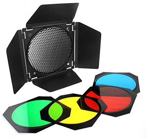 Fotoconic BD-04 Barn Door Barndoor with Honeycomb Grid and 4 Color Gel Filters (Red Yellow Blue Green) for 7 Inch Standard Reflector