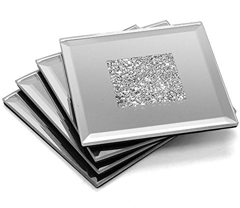 Lustre Silver Sparkle Glitter Mirrored Glass Coaster Set of 4 Mat Home Decor Decoration