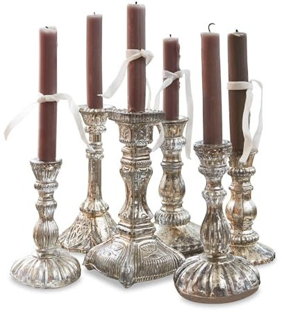 Loberon Kerzenständer Set Adolpha - Kerzenhalter Stabkerze - Deko Weihnachten - Aus Glas - Antiksilber - Unterschiedliche Größen - 6 Stück
