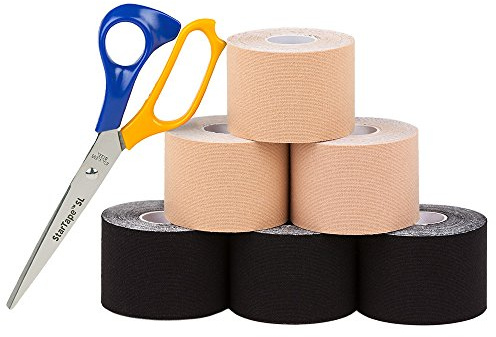 SL StarTape - Kinesiologietape, elastisches Sporttape aus Baumwolle, selbstklebendes Physiotape, wasserabweisend, hautfreundliches Taping, 5 x 550 cm, beige/schwarz, 6er Set + Schere