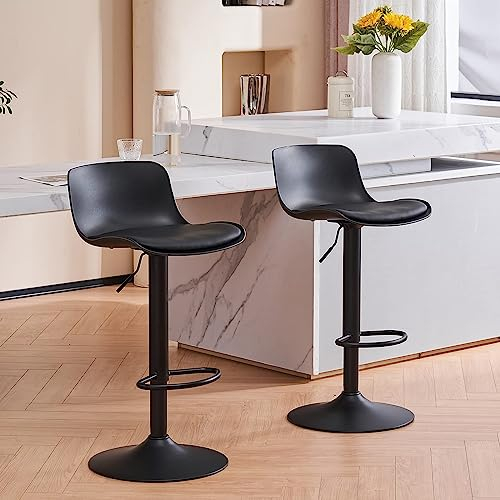 YOUNIKE Bar Stools Set of 2 Black Modern Counter Height Barstools, PU Leather Padded Swivel Adjustable High Bar Chairs with Back for Breakfast Bar Counter and Kitchen Island