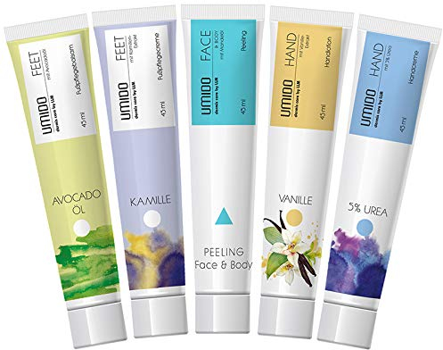UMIDO 5 Stück Set Kosmetik-Set 45 ml | 1x Fußbalsam Avocadoöl | 1x Fußcreme Kamille | 1x Peeling Mandelöl | 1x Handlotion Vanille | 1x Handcreme mit 5% UREA