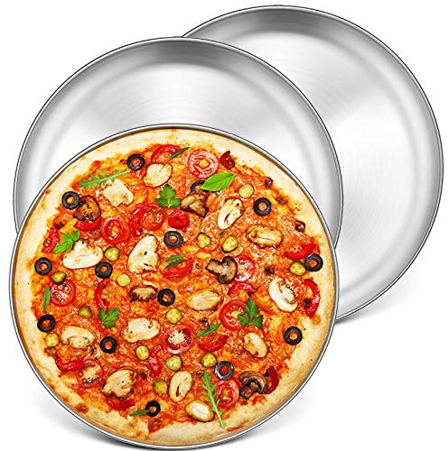 P&P CHEF 13.5 Inch Pizza Pan, 3 Pieces Stainless Steel Round Pizza Tray Dish Plate For Oven Baking Roasting, Healthy & Heavy Duty, Rust Free & Dishwasher Safe -Silver