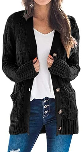 PRETTYGARDEN Women's Open Front Cardigan Sweaters Fall Fashion Button Down Cable Knit Chunky Winter Clothing Outerwear Coats (Black,Medium)