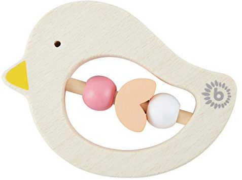 Bieco Oiseau anneau de dentition bébé en bois, 10 cm | A partir de 0 mois | Anneau de préhension en bois avec perles orange