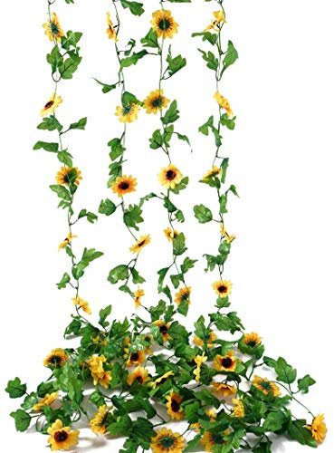 Beferr 4 Pcs Artificial Sunflower Garland Fake Silk Sunflowers Vines Yellow Faux Daisy Flower Garland Wall Hanging Plants for Home Wedding Party Garden Decoration DIY Wreath