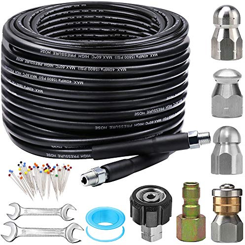 ZOFINE Kit de jet d'égout pour nettoyeur haute pression 30 m, 5800 psi, tuyau de nettoyage de canalisations de 6,35 mm, coin NPT, tuyau rotatif et bouton, buse de jet d'égout, broche de corsage