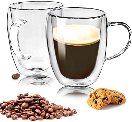 2 Set of 350 ml Double Wall Glass Coffee Mug With 2 Coasters, Insulated Glasses With Handle, Heat Resistant Thermal Coffee Cups