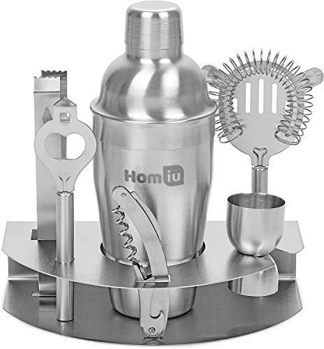Homiu Set di 7 cocktail shaker con supporto in acciaio inox con agitatore doppia pinza per ghiaccio Jigger apribottiglie colino e ricettario accessorio indispensabile per cocktail fatti in casa