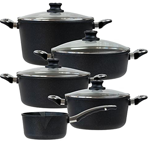 BAF beschichtetes Aluguss Topfset Induktion 9-teilig Kochtopf 24 cm + 28 cm, Bratentopf 28 cm, Gemüsetopf 28 cm & Stieltopf 18 cm
