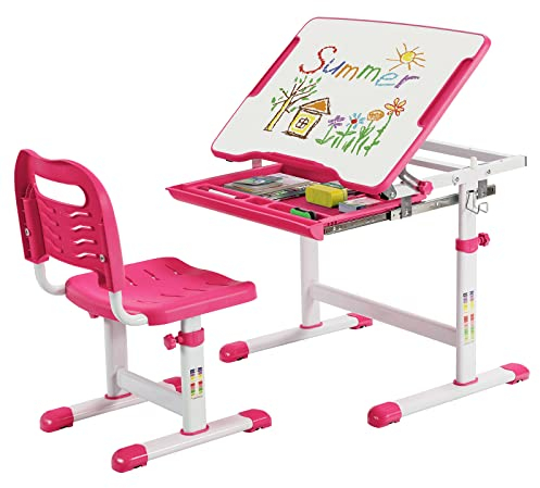 COSTWAY Schreibtisch Kinder, Kinderschreibtisch höhenverstellbar mit neigbarer Tischplatte & Schublade, multifunktionaler Schreibtisch mit Stuhl für Jungs & Mädchen (Pink)