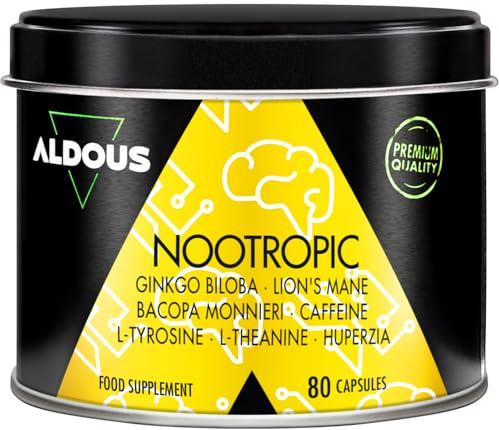 Nootrópico Potente Natural - 80 Cápsulas de 800 mg - Memoria, Concentración, Energía - Ginkgo Biloba, Melena de Leon, Cafeina, Bacopa Monnieri, Tirosina, Teanina, Huperzia - ALDOUS