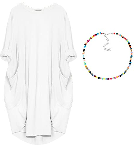 Vestido Camiseto para Mujer Redondo Suelta Sencillo Casual Talla Extra Mediodía Blanco,3XL