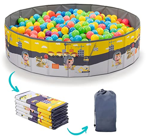 RUGUIES- Piscina di Palline per bambini- Piscina con Palline Pieghevole- Parco giochi con Palline- Per uso Interno ed Esterno- Piscinetta Portatile- (Palline non Incluse) (CONSTRUCTIONS 80x26cm)