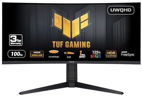 ASUS TUF Gaming VG34VQEL1A Monitor HDR curvo ultra largo 34 21:9, UWQHD (3440 x 1440), 100 Hz, sfocatura di movimento estremo basso, FreeSync, 1 ms, DisplayPort, HDMI, USB, presa treppiede, altezza
