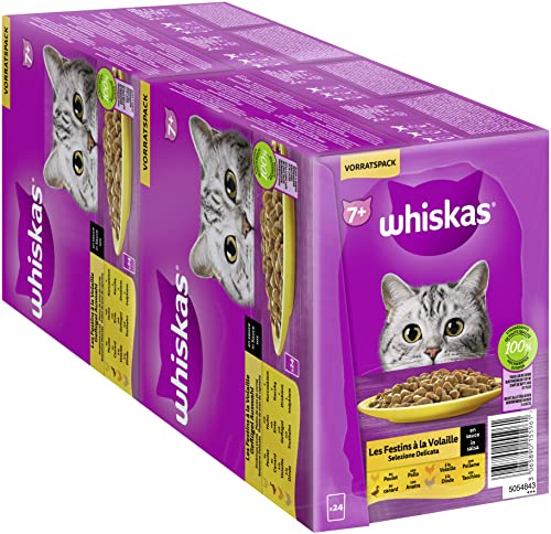 Whiskas 7+ Kattfoder med fågel, urval i sås, 24 x 85 g (2 förpackningar) – högkvalitativt våtfoder från det 7:e levnadsåret, i 48 portionspåsar