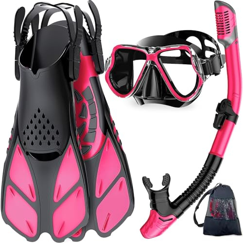 Zenoplige Schnorchelset Erwachsene 3-in-1,Anti-Fog & Leck Tauchmaske mit gehärtetem Glas, Dry Top Schnorchel & verstellbare Flossen – Schnorchelausrüstung für Schwimmen & Reisen