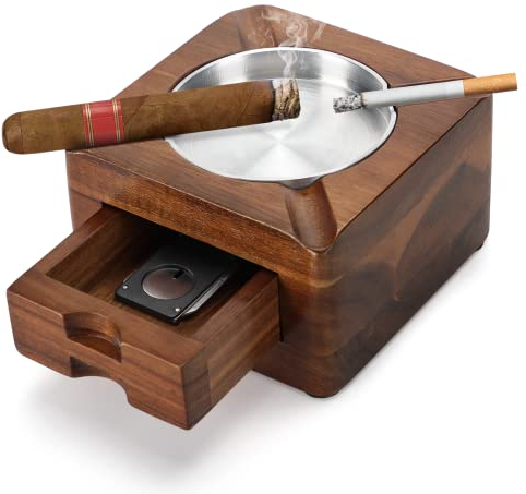 Tesonway Zigarren-Aschenbecher, Holz-Aschenbecher, quadratischer Aschenbecher mit 4 Fächern, Zigarren-Halter mit Zigarren-Zubehör, Heimbüro, personalisierte Zigarren-Geschenke für Männer
