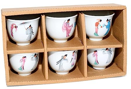 MAOCI - 6er Set Teeschalen - Japan Design Weiss - Porzellan 50ml - 6 Motive