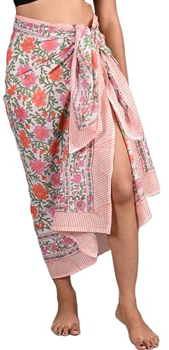 INDACORIFY 100% Coton Main Bloc imprimé Sarong Femmes Maillot de Bain Cache-cœur, Plage Bikini Jupe paréo écharpe étole châle pour Femmes (Design-13)