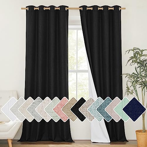 NICETOWN Vintage Open Linen Weave Flax Thermal Curtains, 100% Blackout Curtains 108 inches Long for Dining Room, Soundproof Window Treatment Drapes for Hall Room, Black, 52 Wide Per Panel, Set of 2