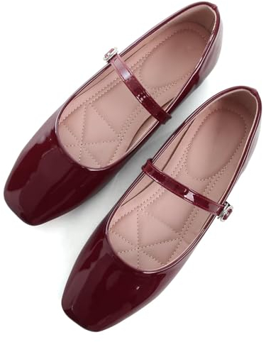TN TANGNEST Flache Schuhe aus Leder für Damen, bequeme flache Schuhe mit quadratischer Zehenpartie, weiche Arbeitsschuhe, Retro, Mary Jane Flats, H Weinrot, 37 EU